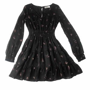Hollister Dress XS Black Floral Chiffon Smocked Lined Tiered Sheer Sleeve